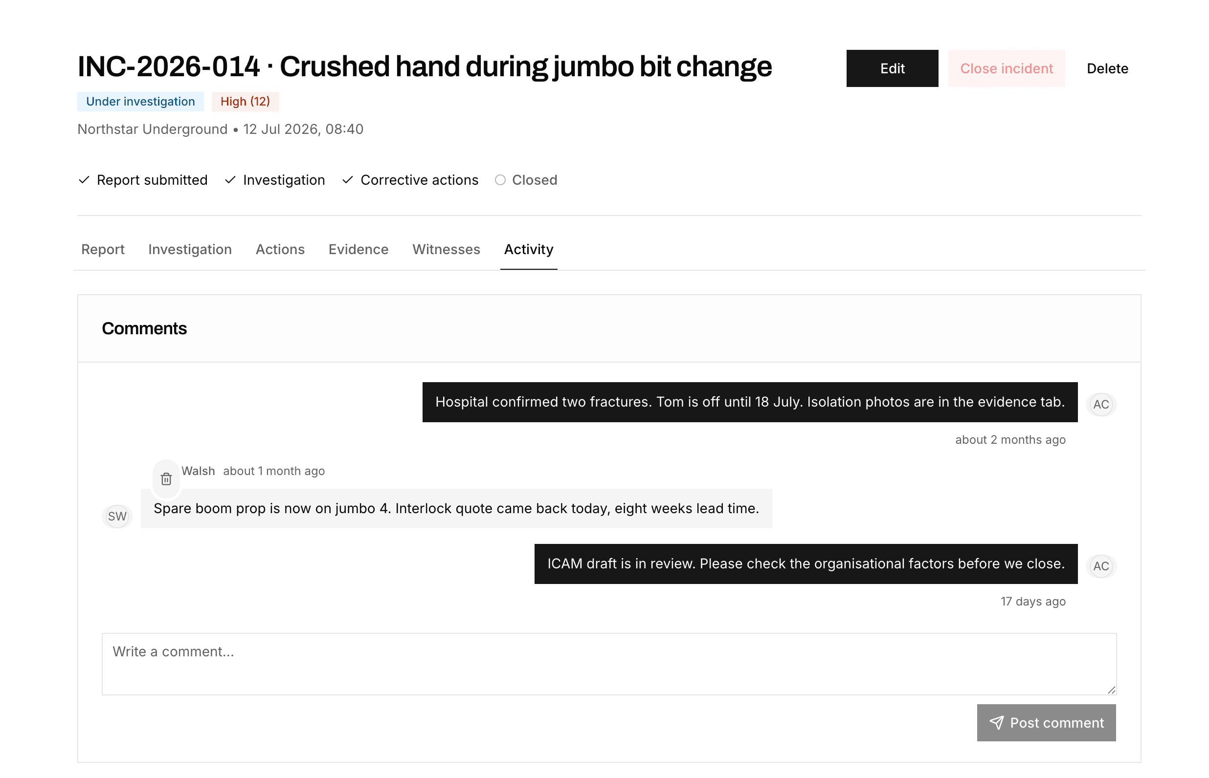 Incident activity thread with comments attached to the record
